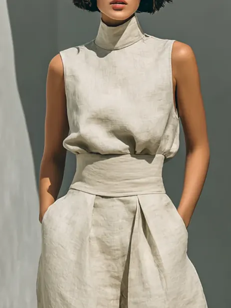 Cotton Casual Plain Bow Stand Collar Tank Top mysite idetrend