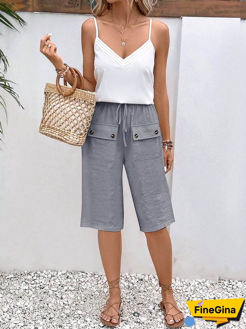 Solid Color Double Pocket Lace Loose Casual Cropped Pants