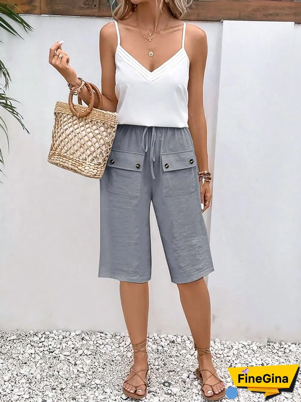 Solid Color Double Pocket Lace Loose Casual Cropped Pants