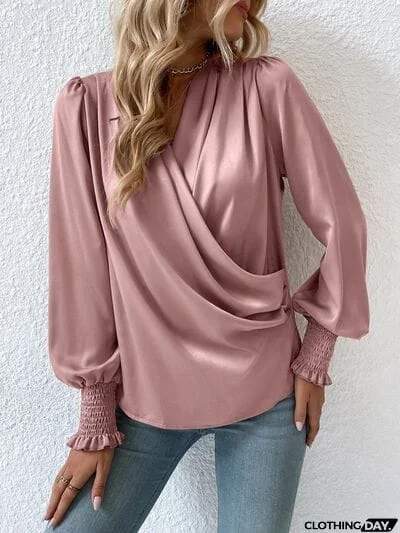 Surplice Smocked Lantern Sleeve Blouse