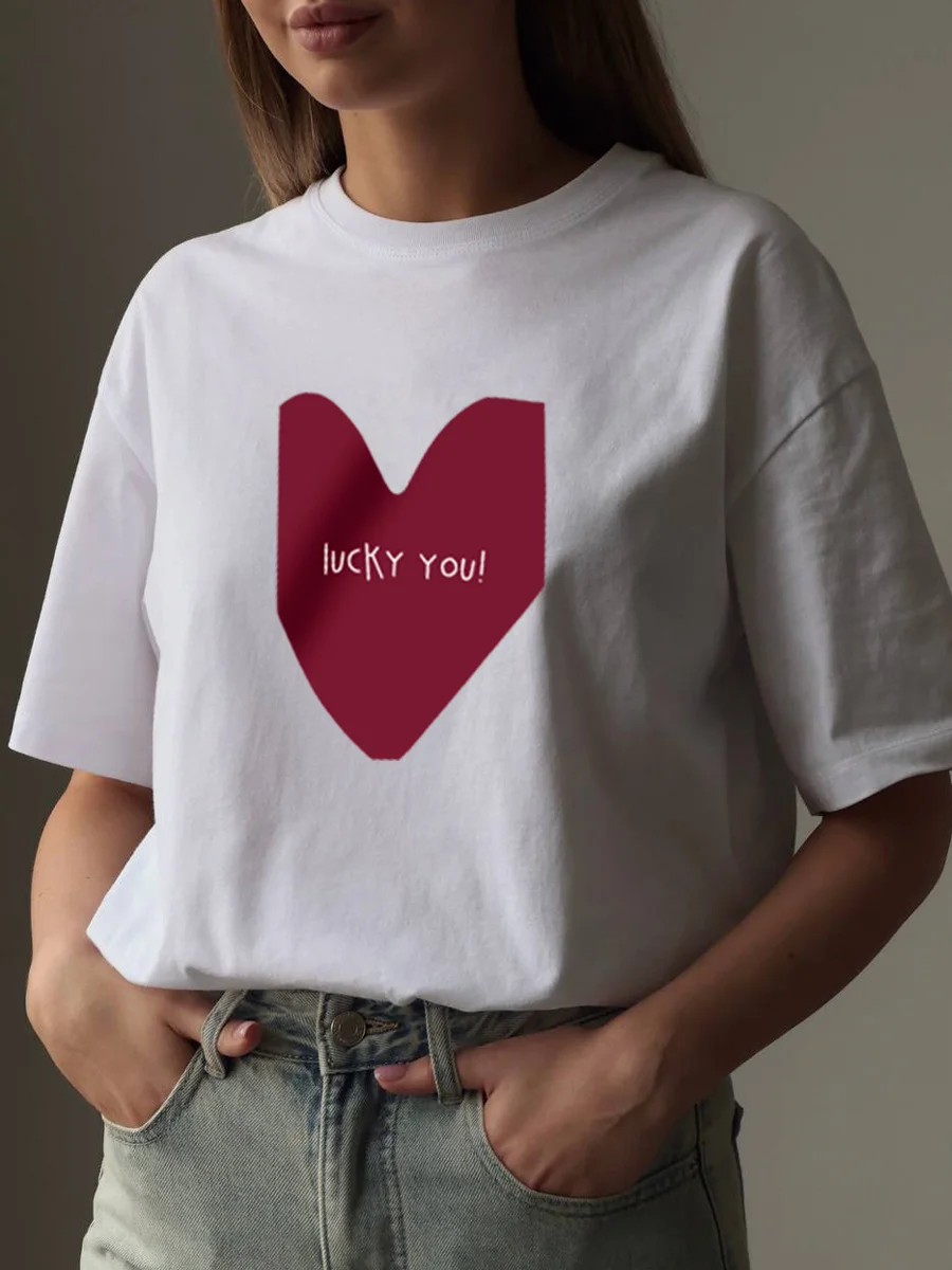 Athvotar Athvotar Sale Of Simple Love Print T-Shirts For Girls In Summer Free-Round Collar Pure Cotton Short-Sleeved Top