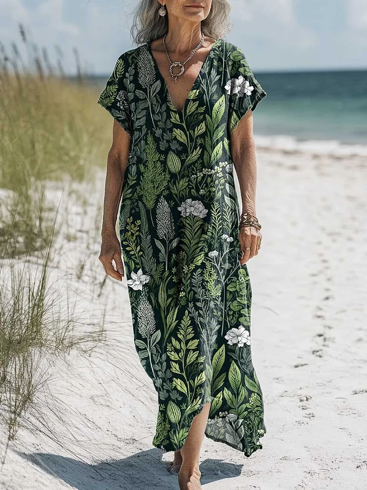 Women's Vintage Lovely Floral Art Print Pocket Cotton Dress