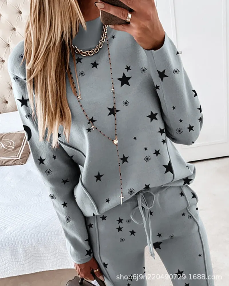New sports suit women's star print top + pants suit casual fashion trend two-piece suit
