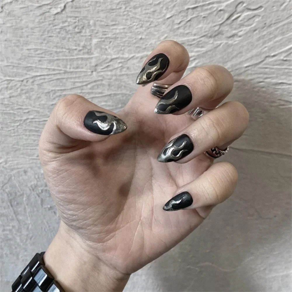 24pcs/Box 2021 Trend Black Flame False Nails Finished Fake Nails With Cross Foreign Design Removable Waterproof Nail Tips 1103-Nail Inspo