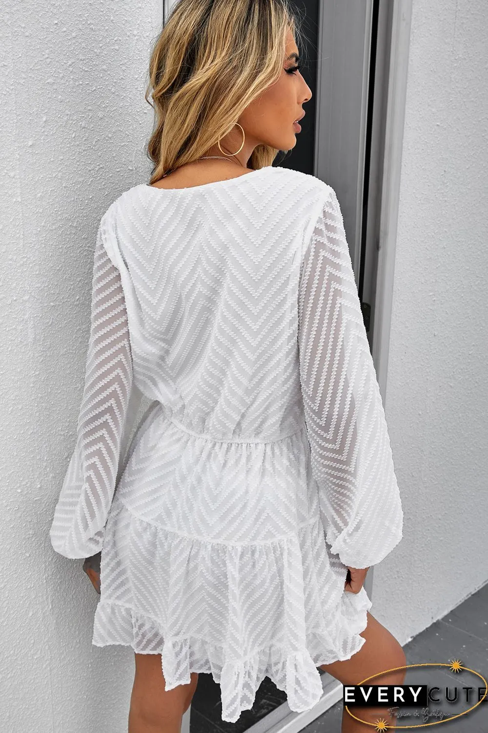 White Waved Stripes Textured Balloon Sleeve Tiered Dress