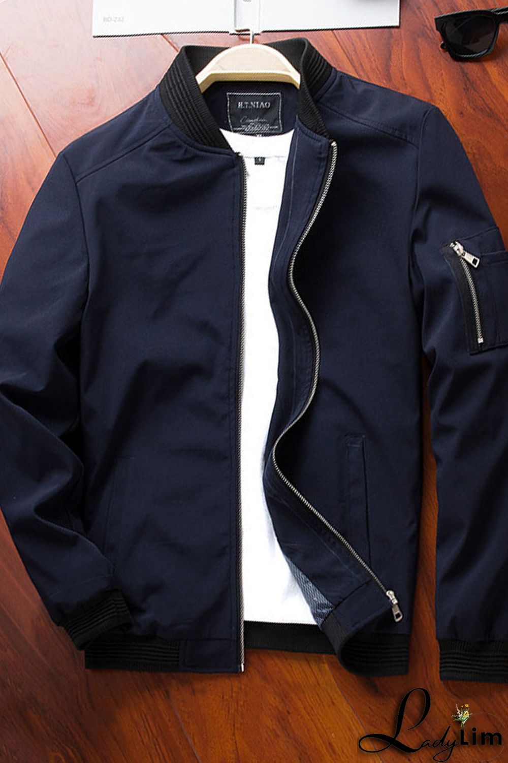 Black Casual Solid Split Joint Zipper Mandarin Collar Outerwear