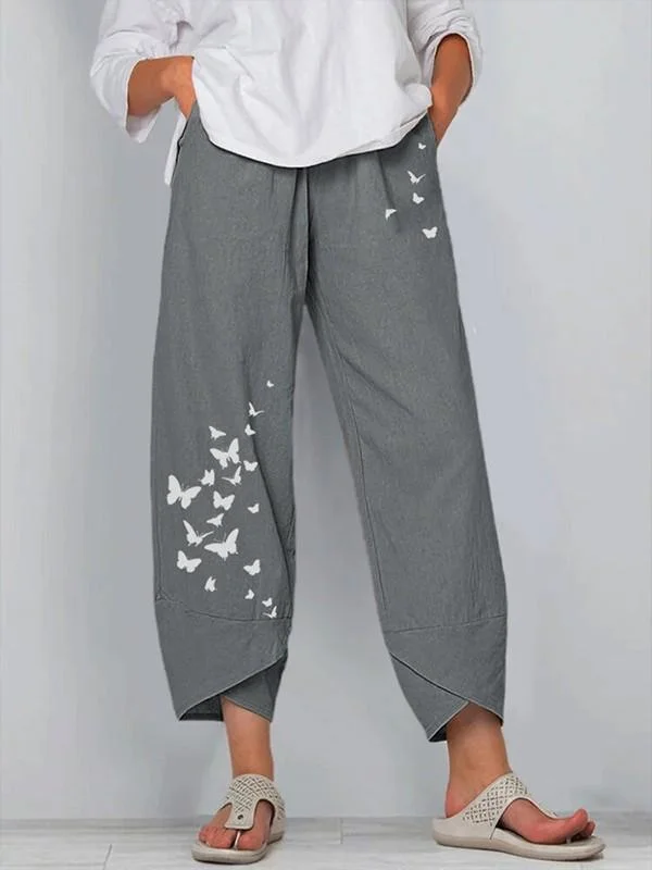 Cotton  linen butterfly print wide-leg pants-Mayoulove