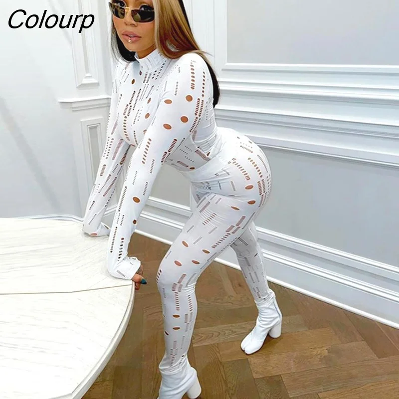 Colourp Simenual Solid Spring 2 Piece Set Women Ripped Hollow Out Long Sleeved Turtleneck Top And Slim Sheath Pants Biker Style Outfits