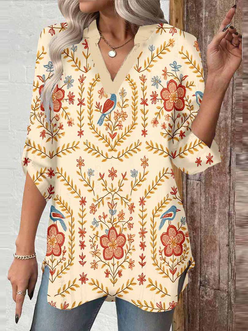 Women Bohemian, Orange DZGA0090 3/4 Sleeve V-neck Printed Graphic Button Tops