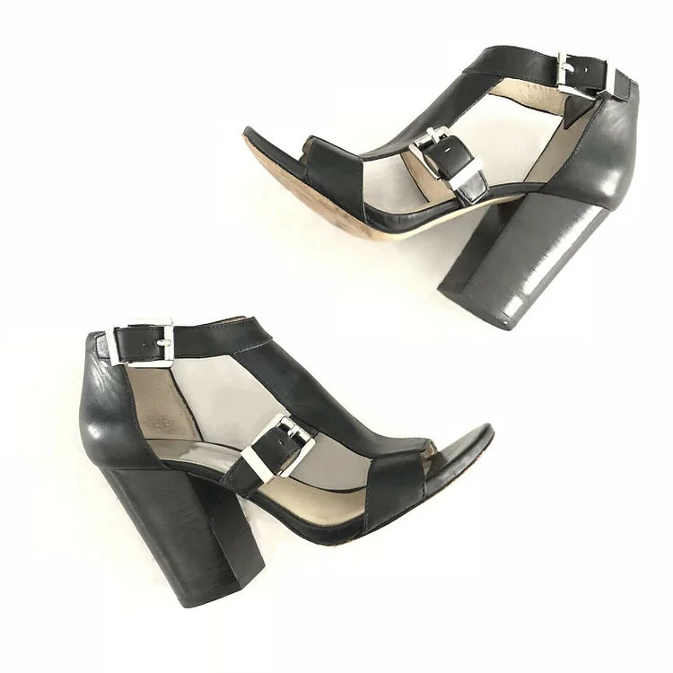 Custom Made Black T Strap Block Heel Sandals |FSJ Shoes