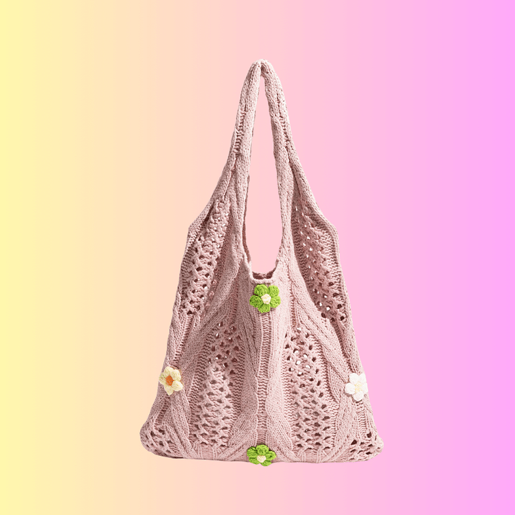 Lulusnow Handmade Purple Mini Flower Casual Travel Beach Crochet Tote Bag Shoulder Bag 