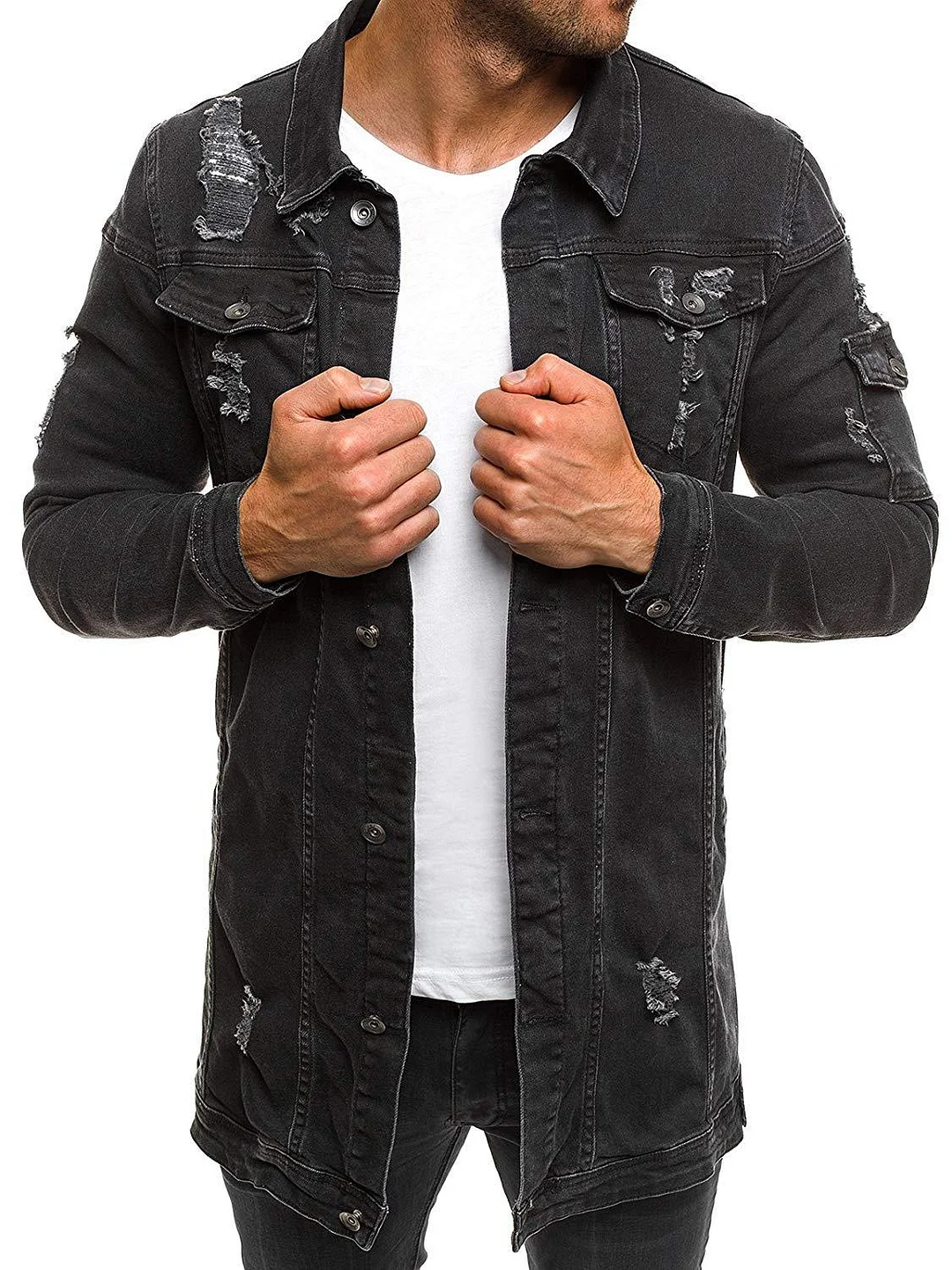 Thanksgiving Day Gifts Long Ripped Denim Jacket Spring And Autumn Men's Fashion Jacket Streetwear Black Denim Jacket Men Blue Motorcycle  Jacket