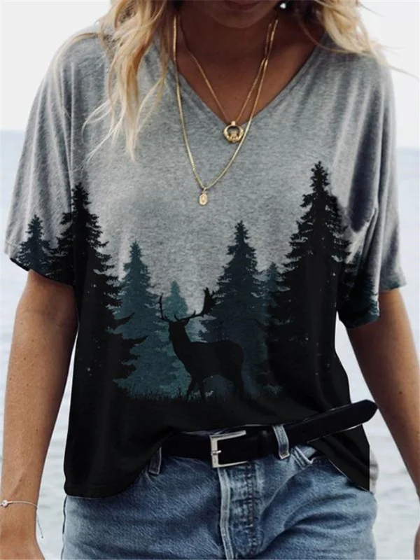 Vintage Forest Printed V-Neck Tee