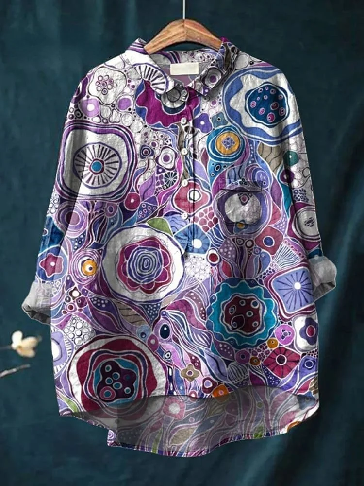 Vintage Lovely Floral Art Print Casual Cotton And Linen Shirt