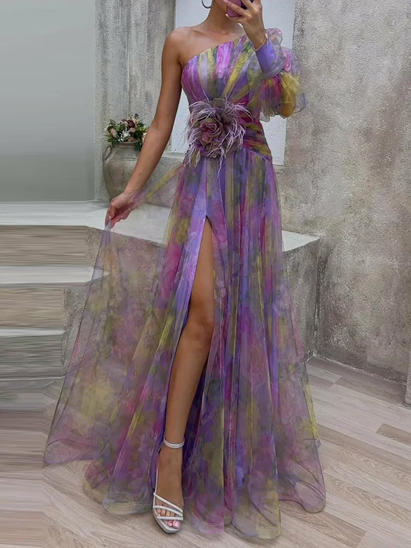 Multicolor One-Sleeve Waist Rose Detail Feather Tulle  Evening Dress