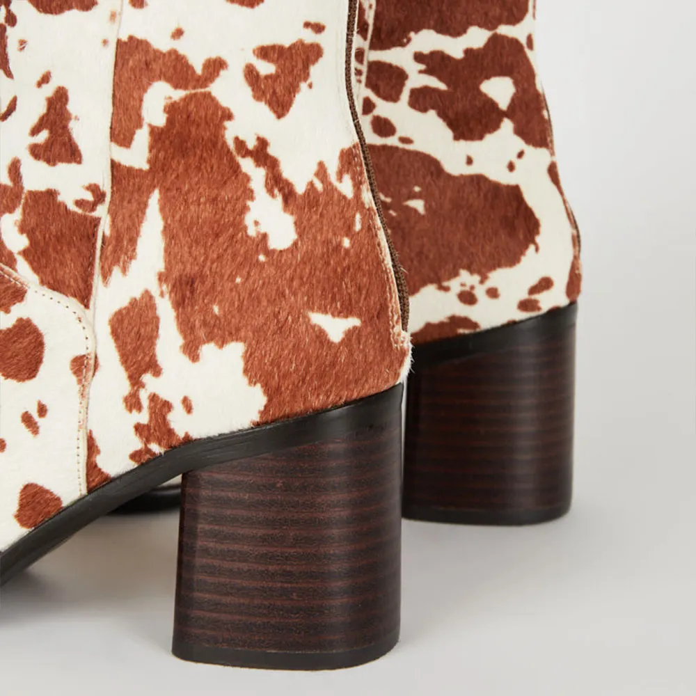 White & Tan Square Toe Block Heel Zipper Short Boots for Women