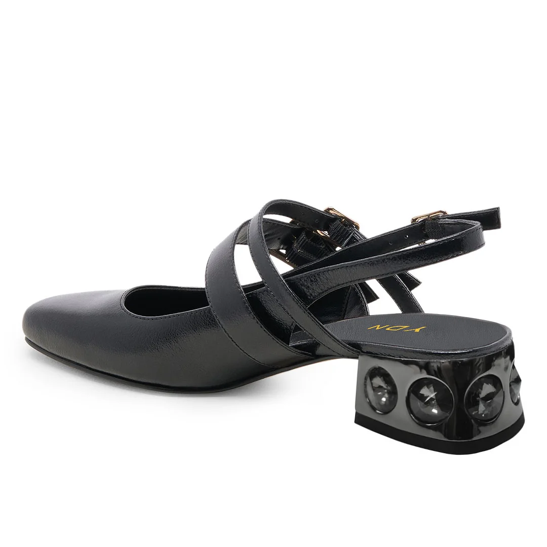 Patent Leather Square Toe Slingback Decorative Heel Loafers in Black