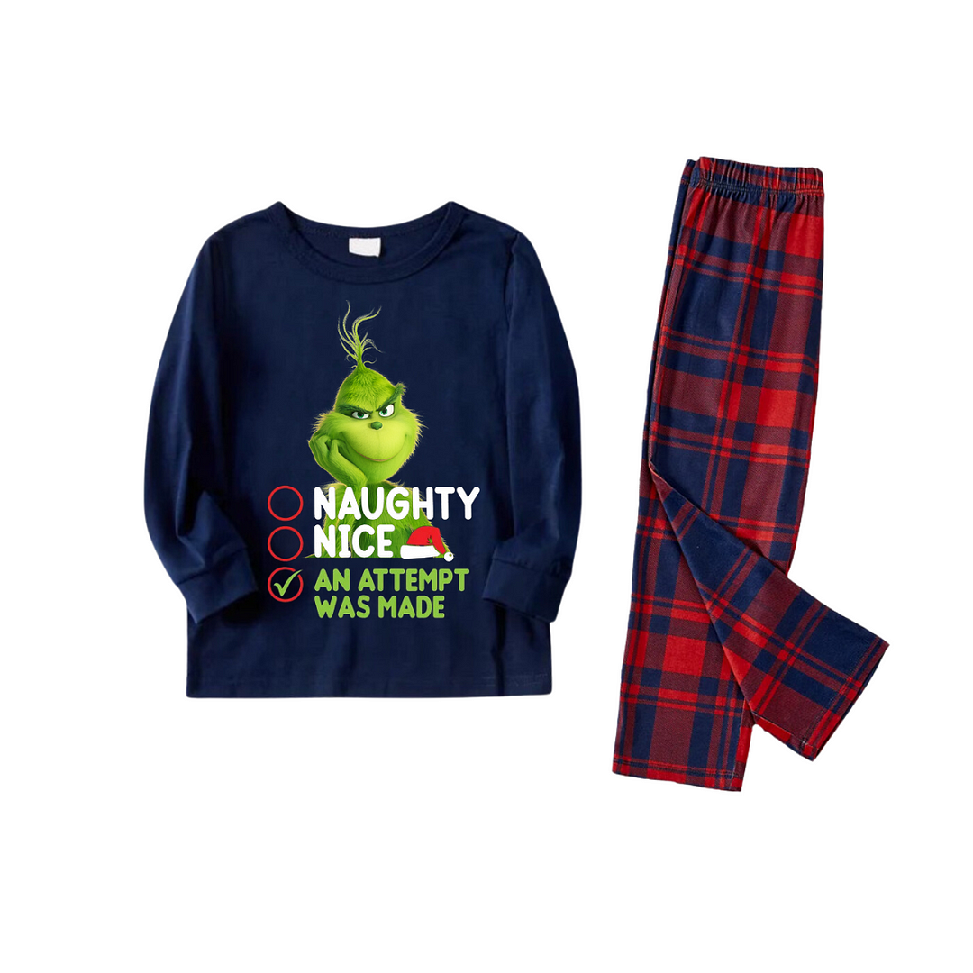 Cute Cartoon Pattern and Slogan Text Printed Red and Blue Plaid Christmas Matching Pajamas