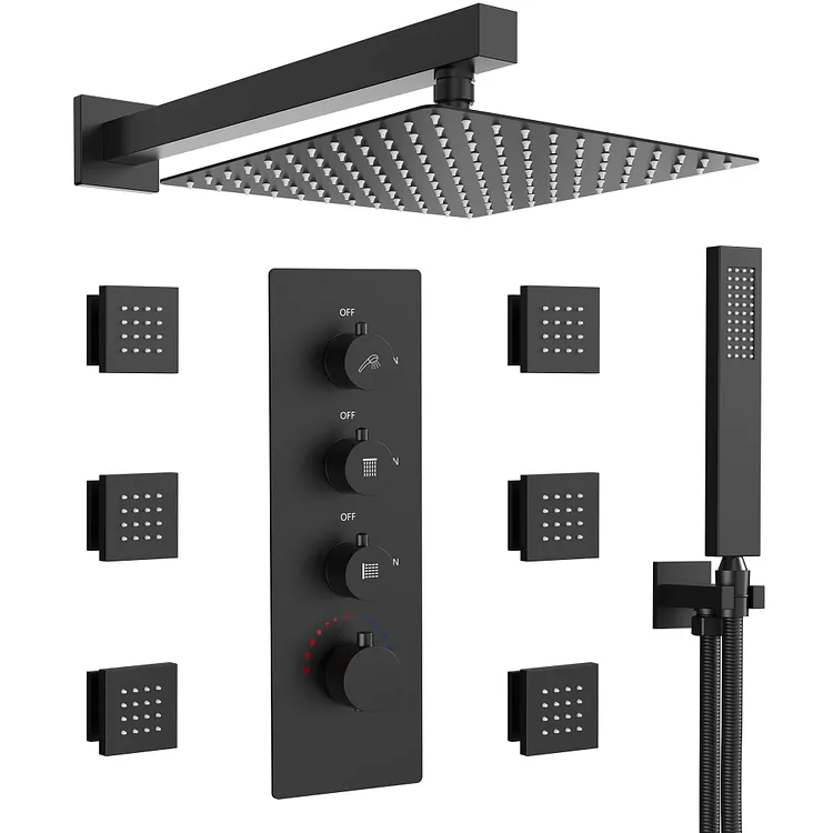 EVERSTEIN 12" Rainfall Shower System with Body Jets and Handheld Shower Matte Black