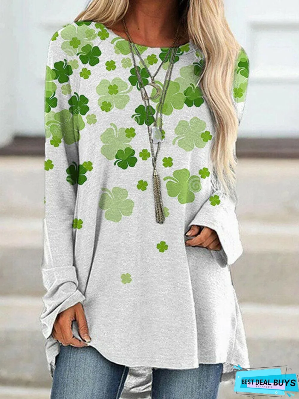 Crew Neck Clover Print Casual Long Sleeve T-shirt