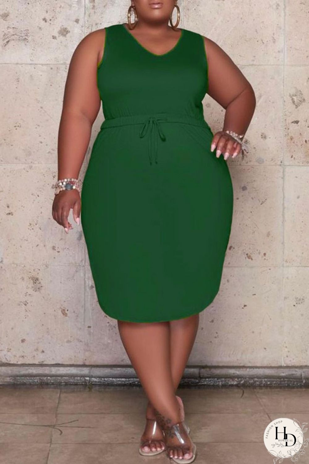 Green Casual Solid Bandage Draw String Spaghetti Strap Straight Plus Size Dresses