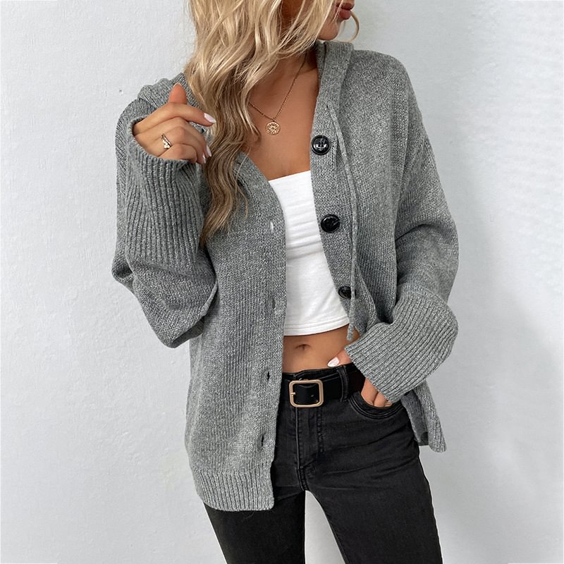 Solid Color Hooded Single-Breasted Cardigan Sweater