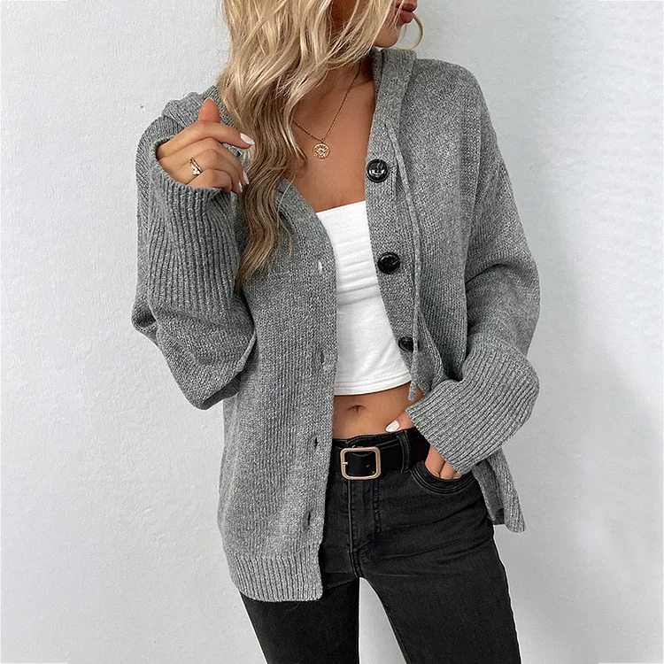 Solid Color Hooded Single-Breasted Wool Drawstring Knitted Cardigan Jacket VangoghDress