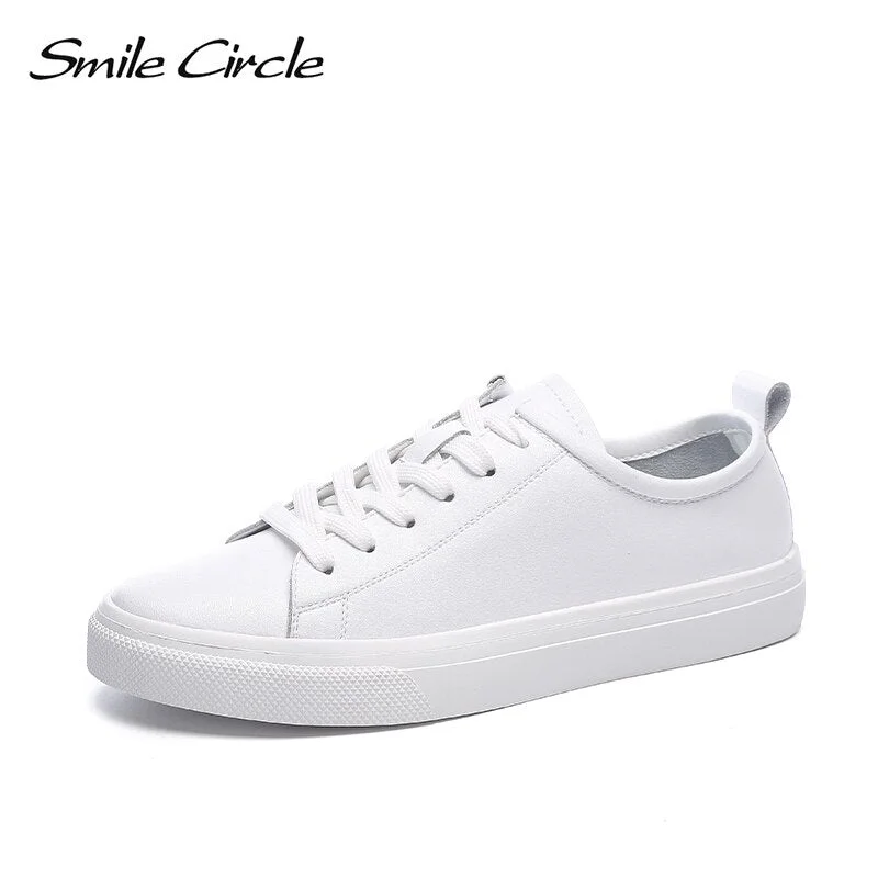 Smile Circle Women Sneakers Flat Platform shoes white Casual Genuine Leather Soft bottom shoes student