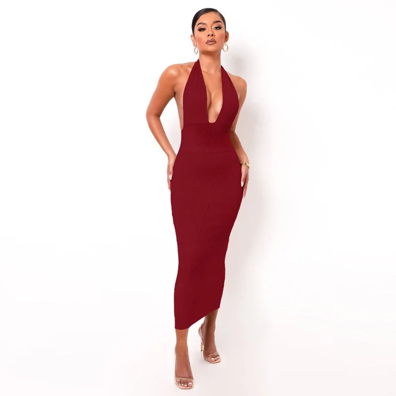 Dulzura Solid Ribbed Knitted Stripe Women Halter Midi Dress Backless Patchwork Bodycon Sexy Party Elegant Club 2021 Summer Club