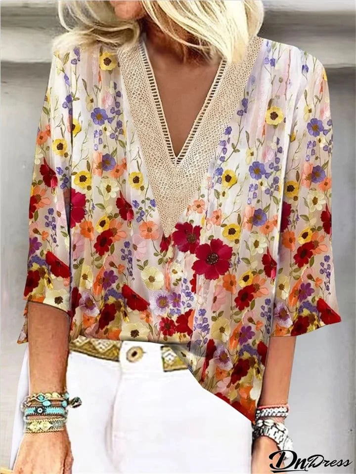 Summer Lace V Neck Print 3/4 Sleeve Blouses for Women