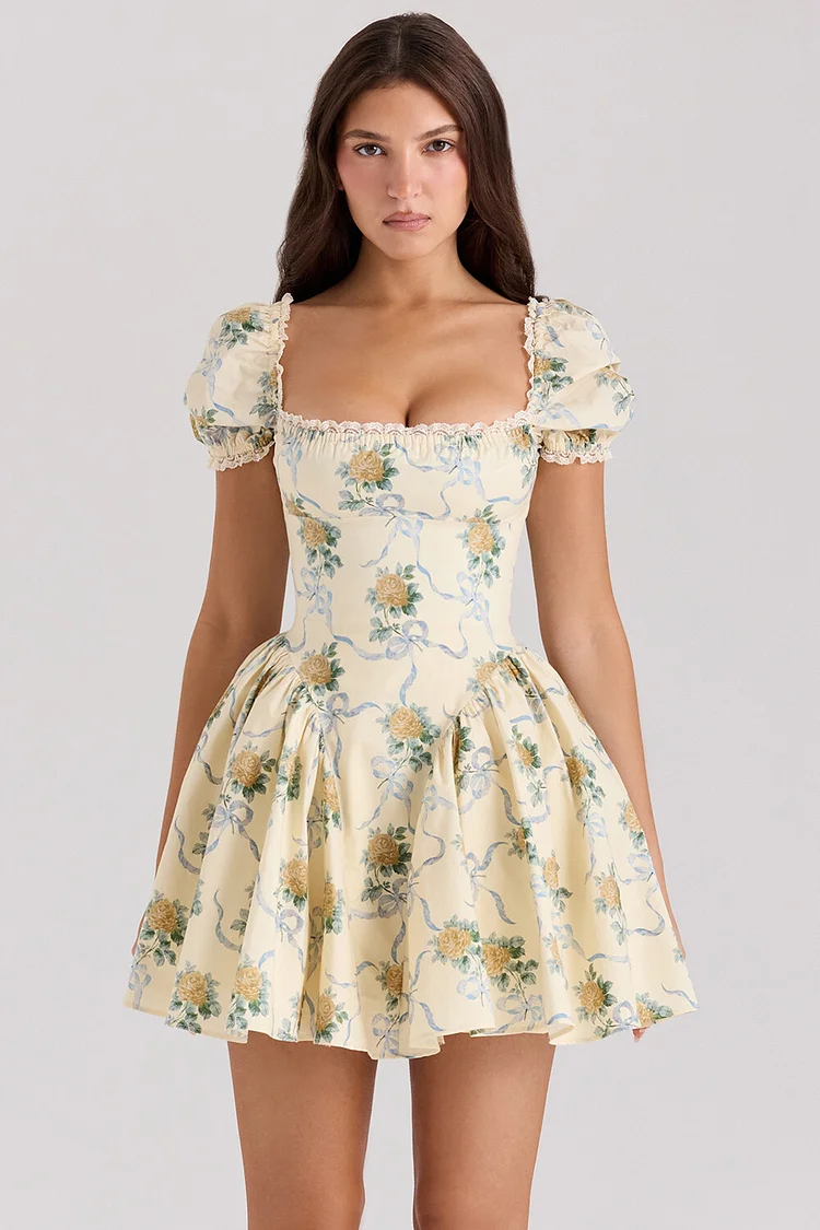 Square Neck Floral Print Cinch Waist Mini Dresses-Yellow [Pre Order]