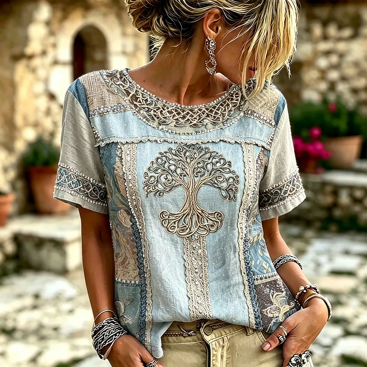 Women's Vintage Viking Tree Of Life Art Print Flowy Linen Blend  Short Sleeve Linen Tops