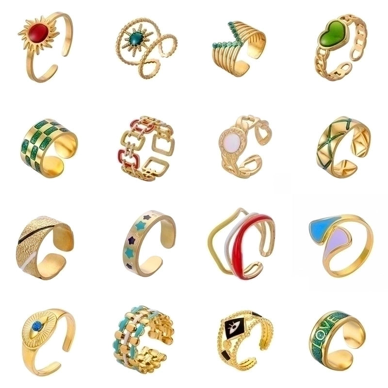 Minimalist Love Heart Shape Eye 304 Stainless Steel Rhinestones 18K Gold Plated Enamel Plating Inlay Open Rings