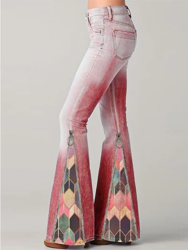 New casual zipper geometric pattern stitching mid-rise flared pants