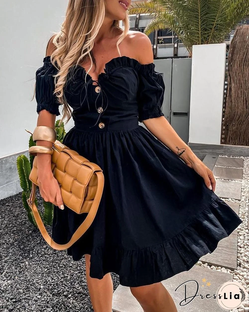 Off Shoulder Button Design Frill Hem Dress P13574