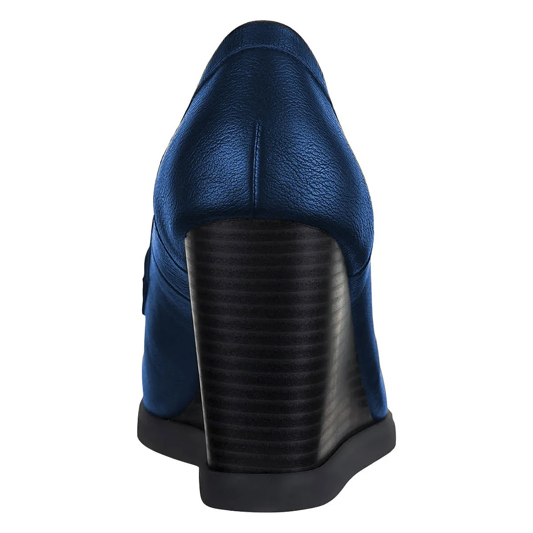 Women's Casual Blue Round Toe Wedge High Heel Platform Loafers