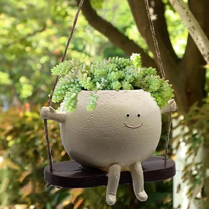 Swing Smile Face Planter Pot Hanging Resin Flower Head Planters - tree - Codlins