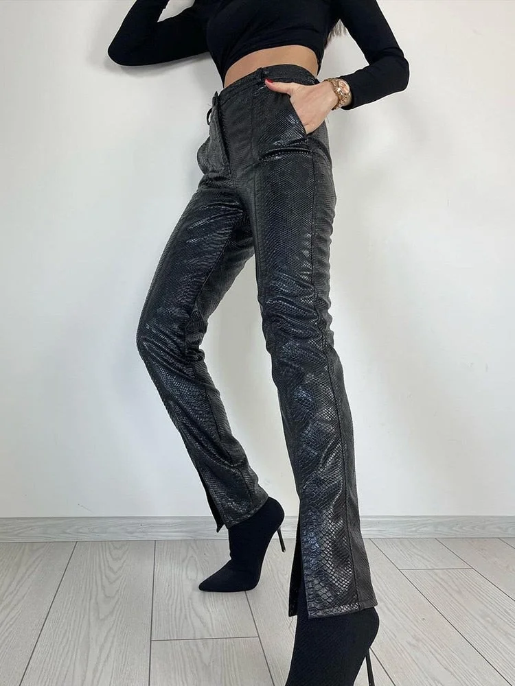 WannaThis Faux Pu Leather Pants Women Split Serpentine High Waist Autumn E-Girl Korean Fashion Techwear Urban Clothing Trousers