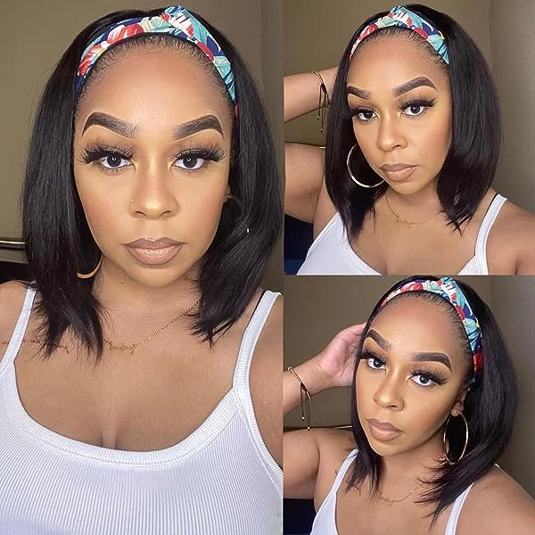 Bob Headband Wig Human Hair Straight 10 inch Glueless None Lace