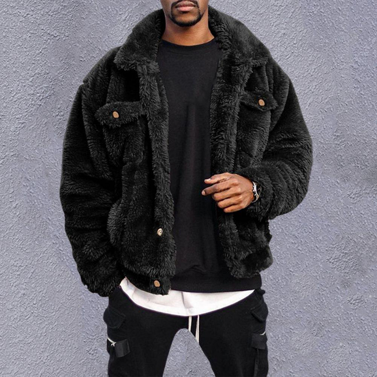 Black Fluffy Men's Hip-hop Style Winter Fleece Jackets