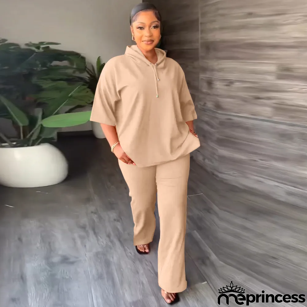 Solid 3/4 Sleeve Hooded Sweatshirt Pant Two Piece Set