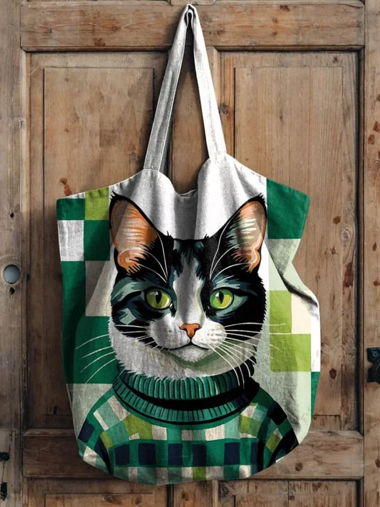 Utbros Cat Wearing Sweater Art Printed Linen Tote Bag