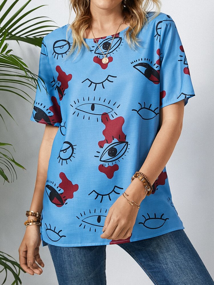 Eyes Print Loose Short Sleeve O neck Casual T Shirt For Women P1834158