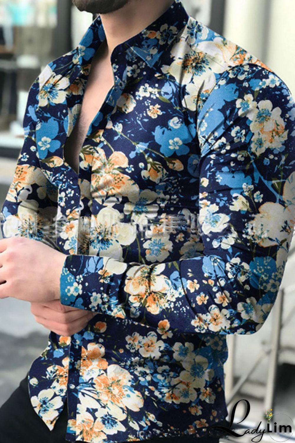 White Fashion Print Split Joint Buckle Turndown Collar Tops