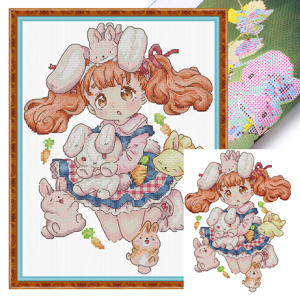 Bunny Girl Partial 14CT Pre-stamped Canvas(26*33cm) Cross Stitch(backstitch)