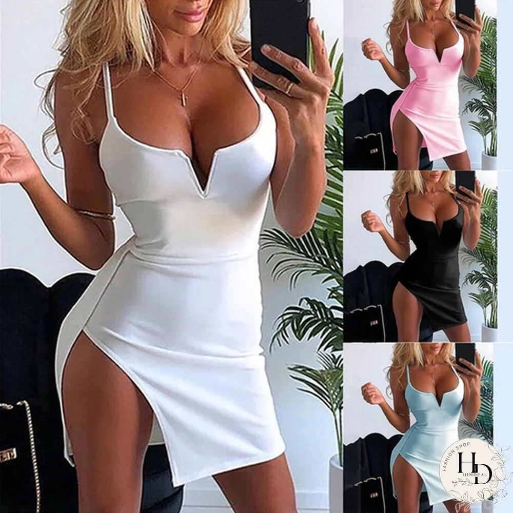 New Women Fashion V-neck Low Cut Spaghetti Strap Tank Dress Pure Color Cotton Twisted Front Mini Dress Casual Skinny Package Hip Dress Plus Size