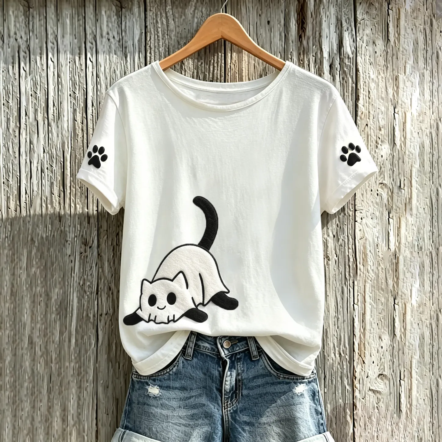 Comstylish Women's Halloween Cute Ghost Black Cat Pattern Art Print Casual T-shirt