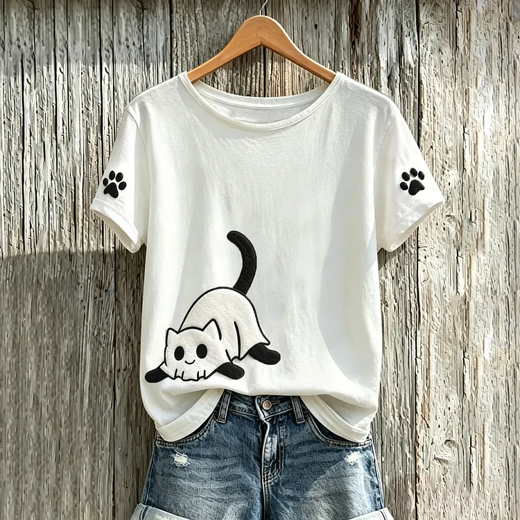 Women's Halloween Cute Ghost Black Cat Pattern Art Print Casual T-shirt