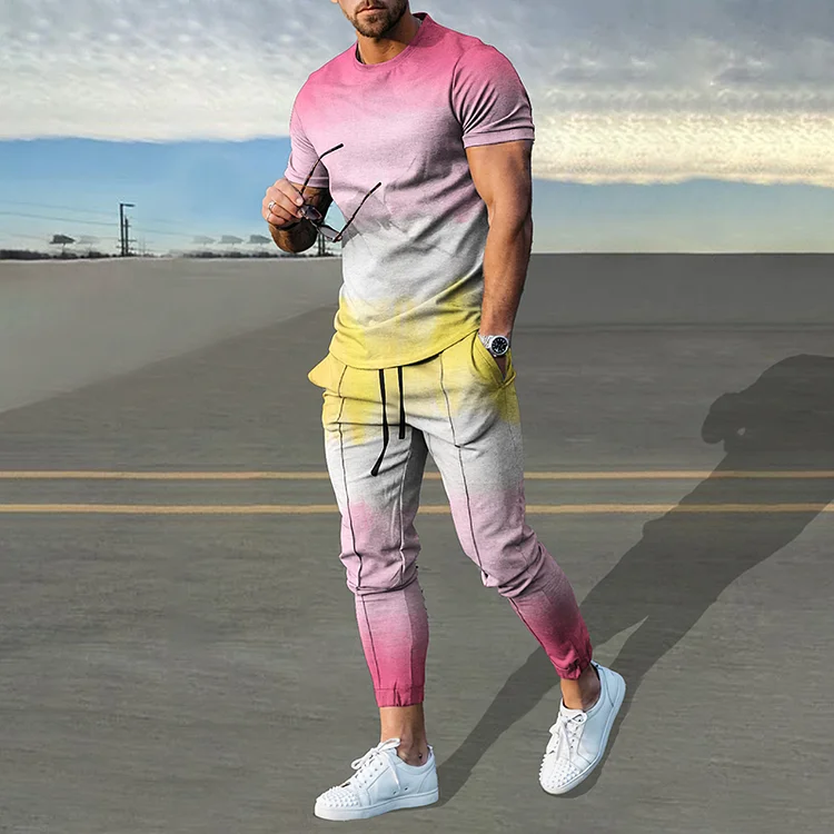 BrosWear Yellow Pink Gradient Print T-Shirt And Pants Co-Ord