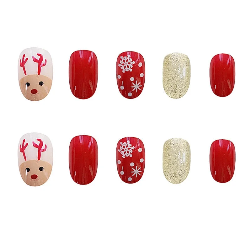 24Pcs Christmas Artificial Short False Nails With Design Snow Deer Press On Fake Nails For Children Manicure Tool-Nail Inspo